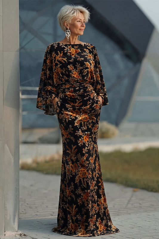 Floral Brown Sheath Boat Neck Long Mother of the Bride Dress with Pockets