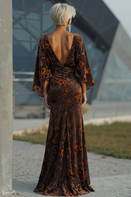 Floral Brown Sheath Boat Neck Long Mother of the Bride Dress with Pockets