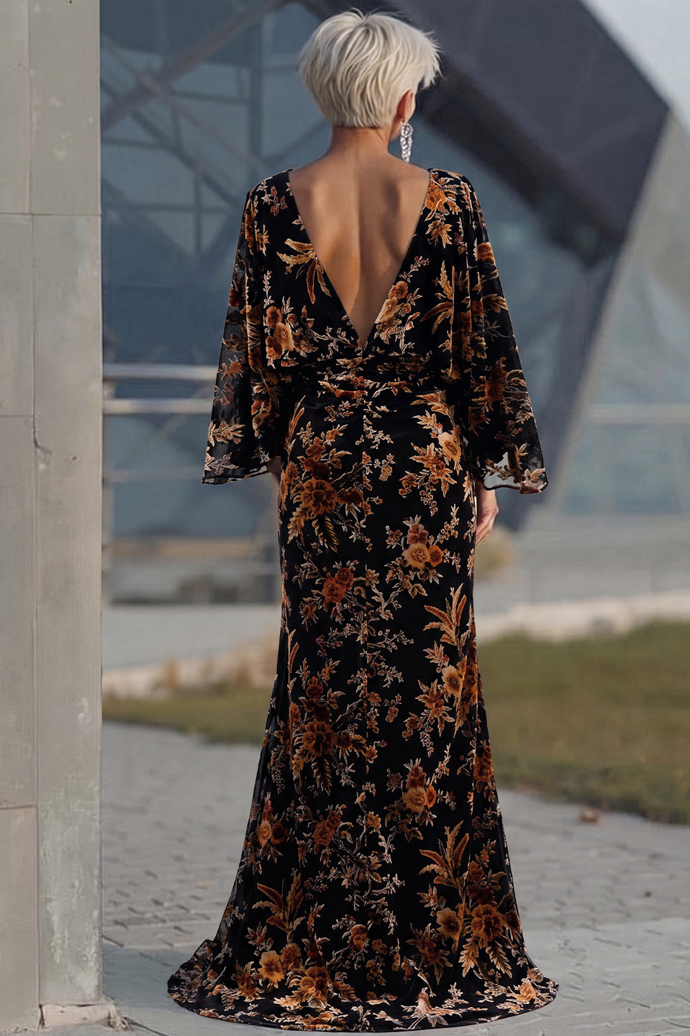 Floral Brown Sheath Boat Neck Long Mother of the Bride Dress with Pockets