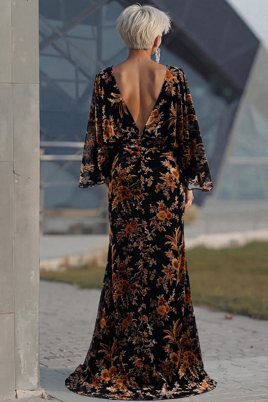 Floral Brown Sheath Boat Neck Long Mother of the Bride Dress with Pockets