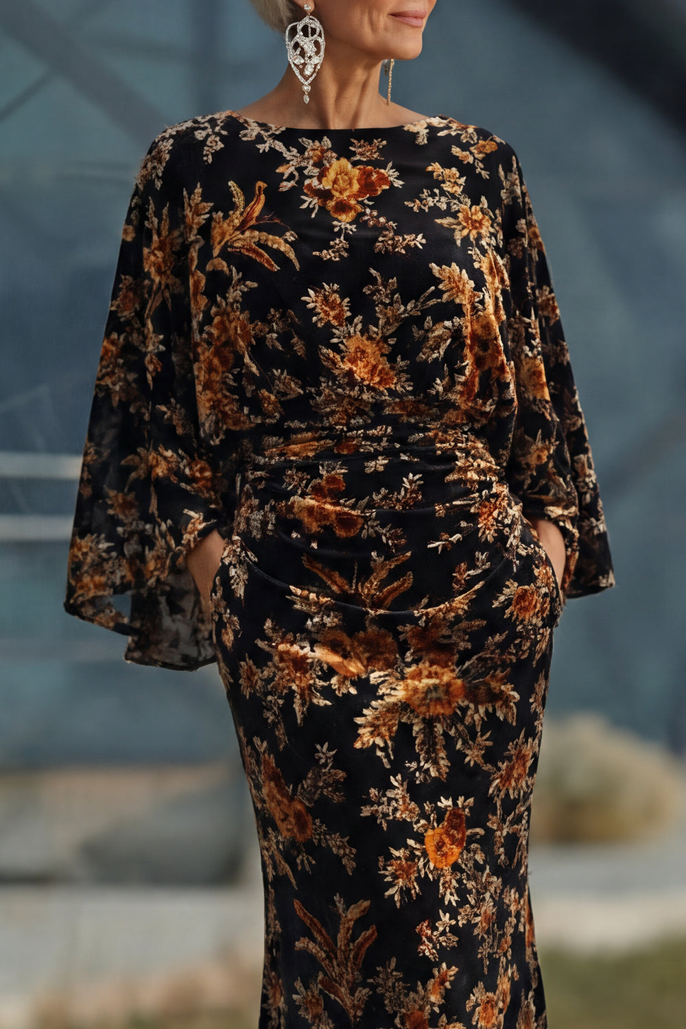 Floral Brown Sheath Boat Neck Long Mother of the Bride Dress with Pockets