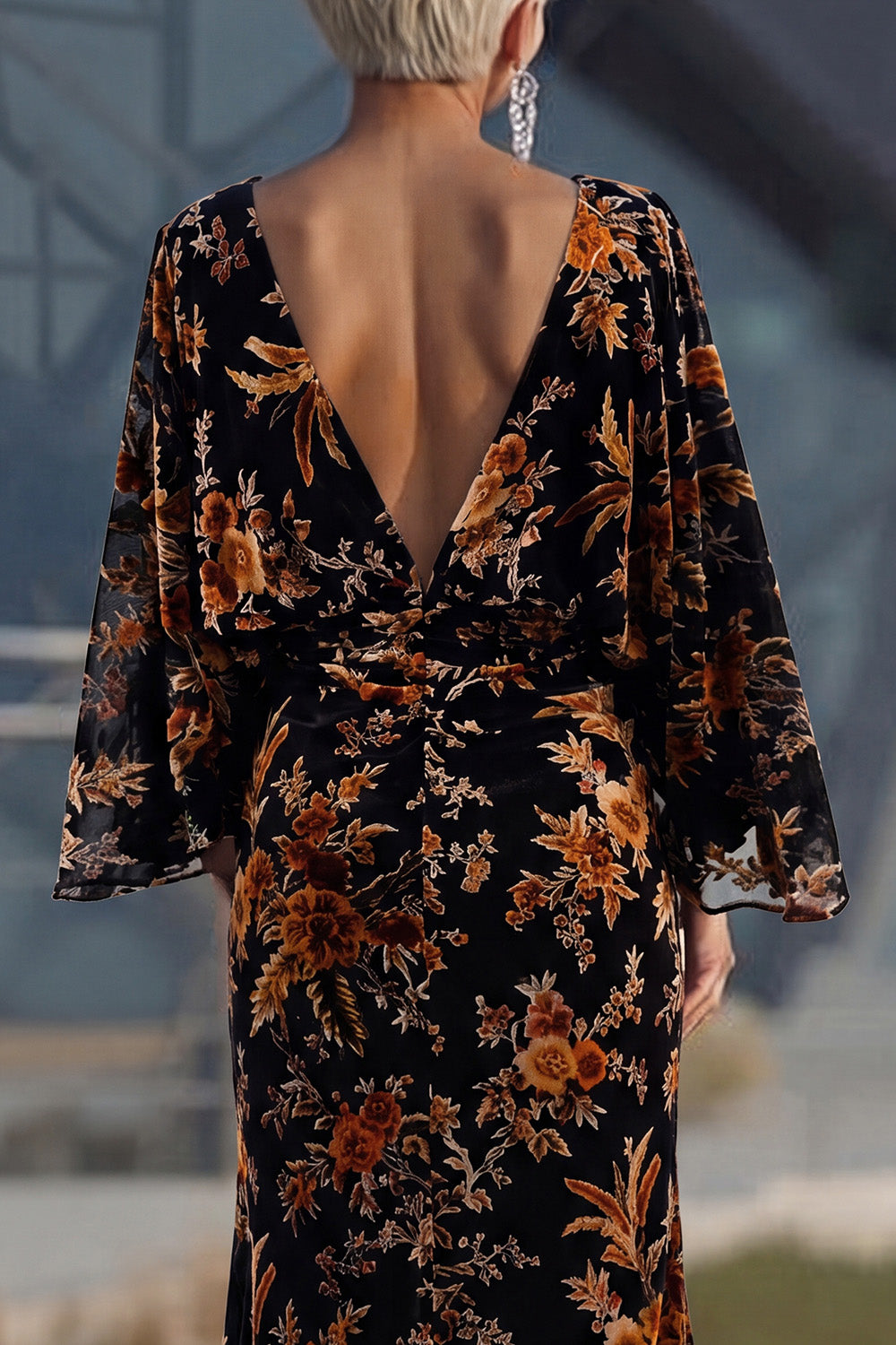 Floral Brown Sheath Boat Neck Long Mother of the Bride Dress with Pockets