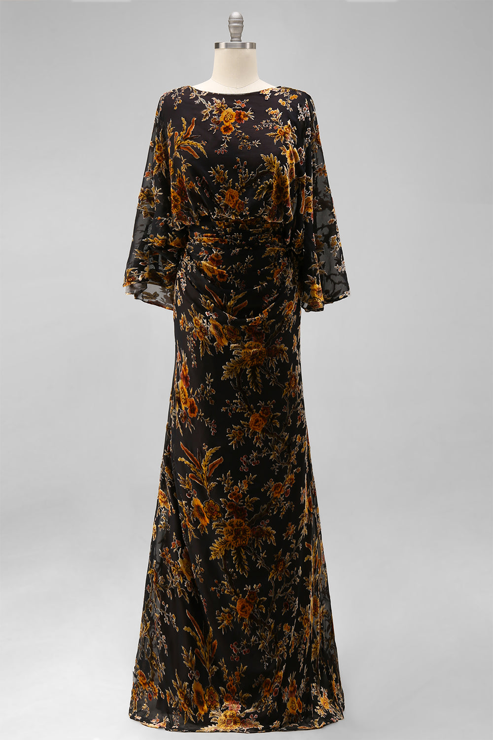 Floral Brown Sheath Boat Neck Long Mother of the Bride Dress with Pockets