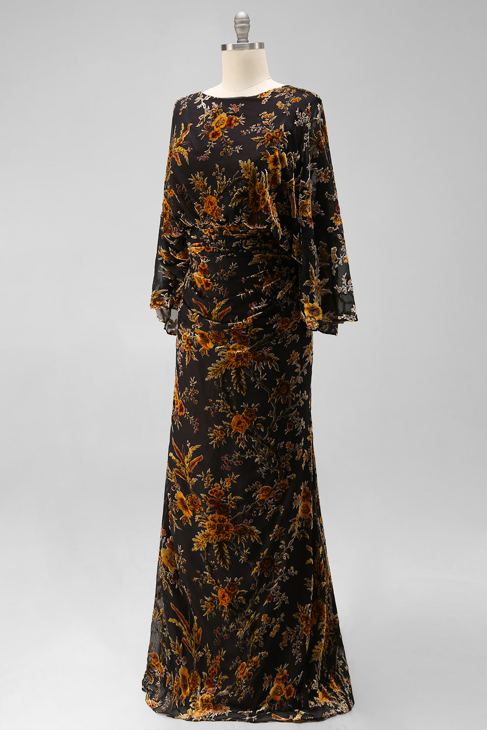Floral Brown Sheath Boat Neck Long Mother of the Bride Dress with Pockets
