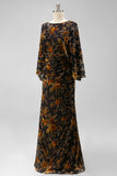 Floral Brown Sheath Boat Neck Long Mother of the Bride Dress with Pockets
