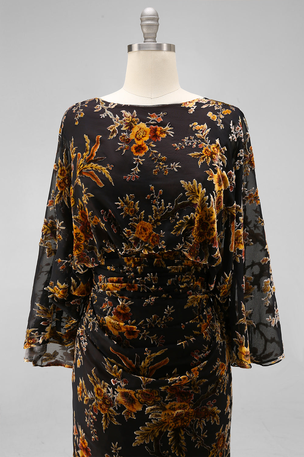 Floral Brown Sheath Boat Neck Long Mother of the Bride Dress with Pockets