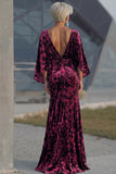 Floral Dark Green Sheath Velvet Boat Neck Long Mother of the Bride Dress with Pockets