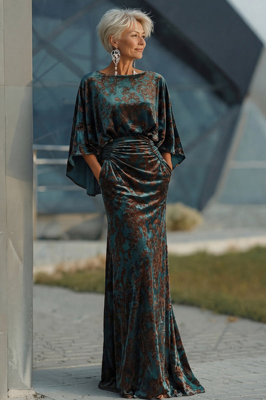 Floral Dark Green Sheath Velvet Boat Neck Long Mother of the Bride Dress with Pockets