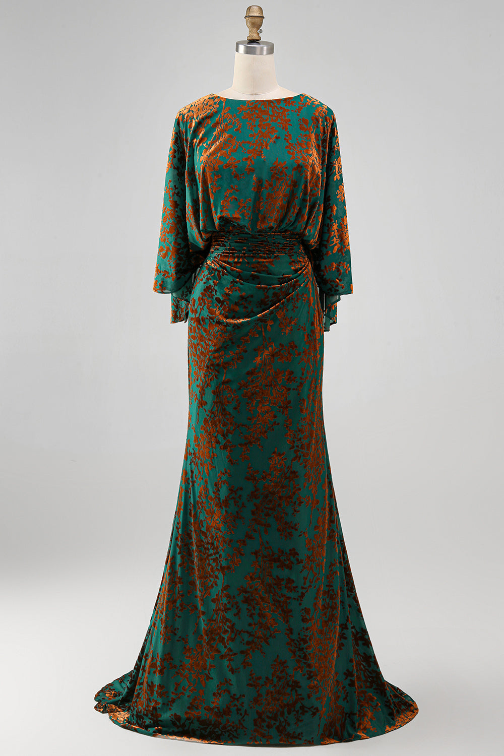 Floral Dark Green Sheath Velvet Boat Neck Long Mother of the Bride Dress with Pockets