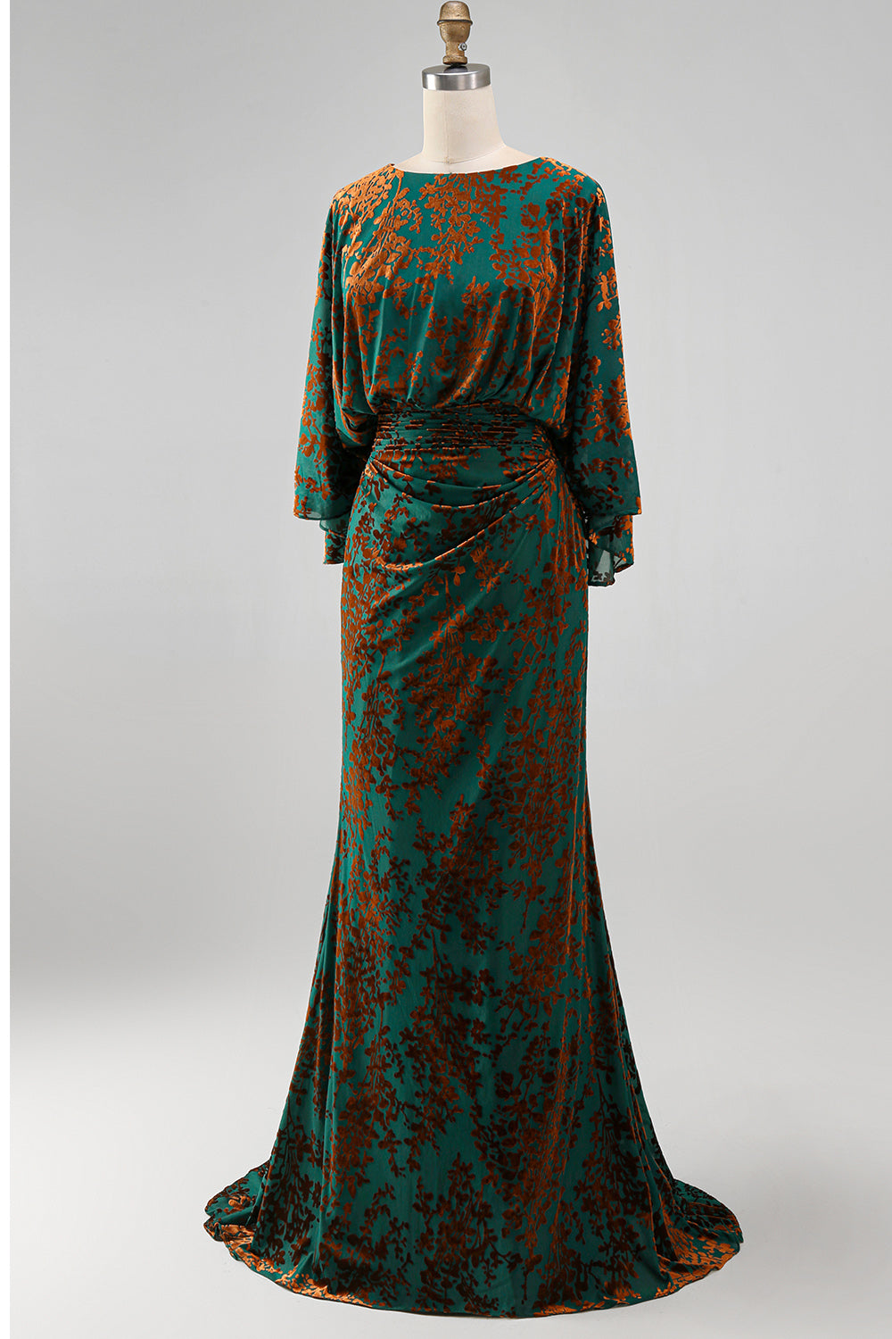Floral Dark Green Sheath Velvet Boat Neck Long Mother of the Bride Dress with Pockets