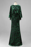 Floral Peacock Blue Boat Neck Velvet Sheath Long Mother of the Bride Dress with Pockets