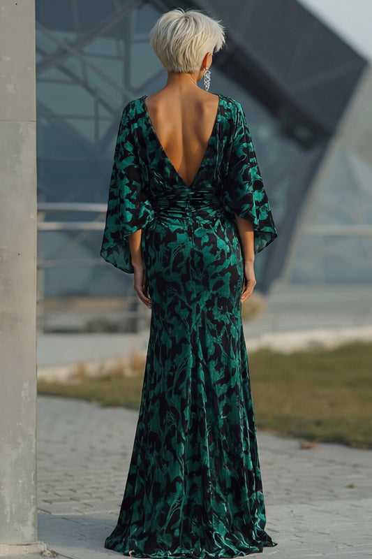 Floral Peacock Blue Boat Neck Velvet Sheath Long Mother of the Bride Dress with Pockets