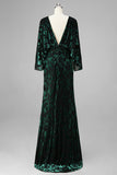 Floral Peacock Blue Boat Neck Velvet Sheath Long Mother of the Bride Dress with Pockets