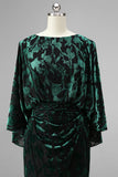 Floral Peacock Blue Boat Neck Velvet Sheath Long Mother of the Bride Dress with Pockets