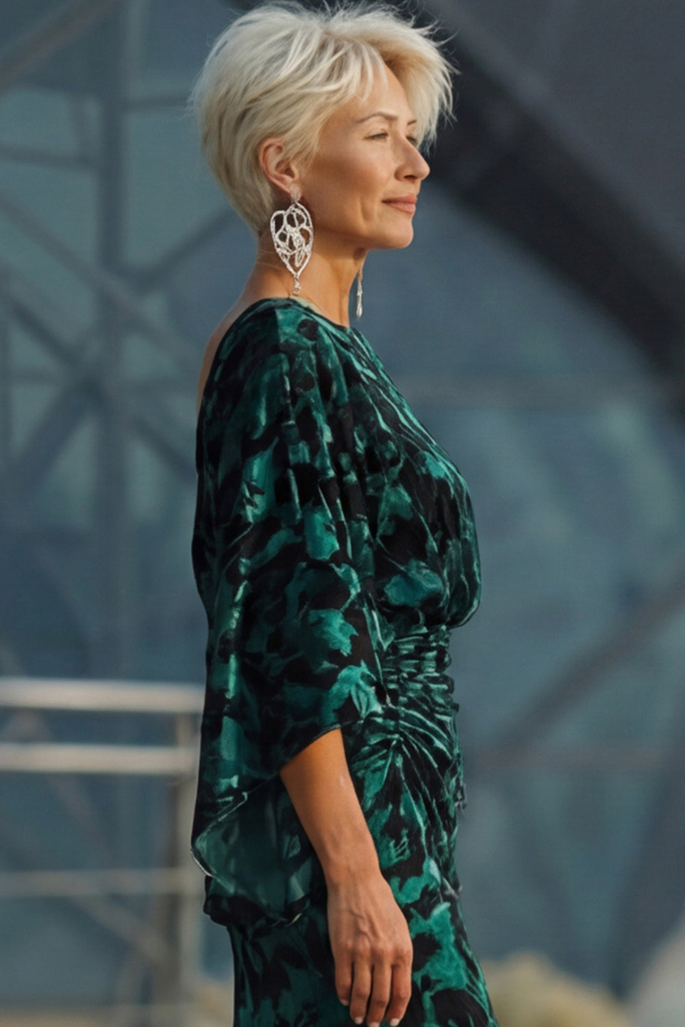 Floral Peacock Blue Boat Neck Velvet Sheath Long Mother of the Bride Dress with Pockets