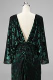 Floral Peacock Blue Boat Neck Velvet Sheath Long Mother of the Bride Dress with Pockets
