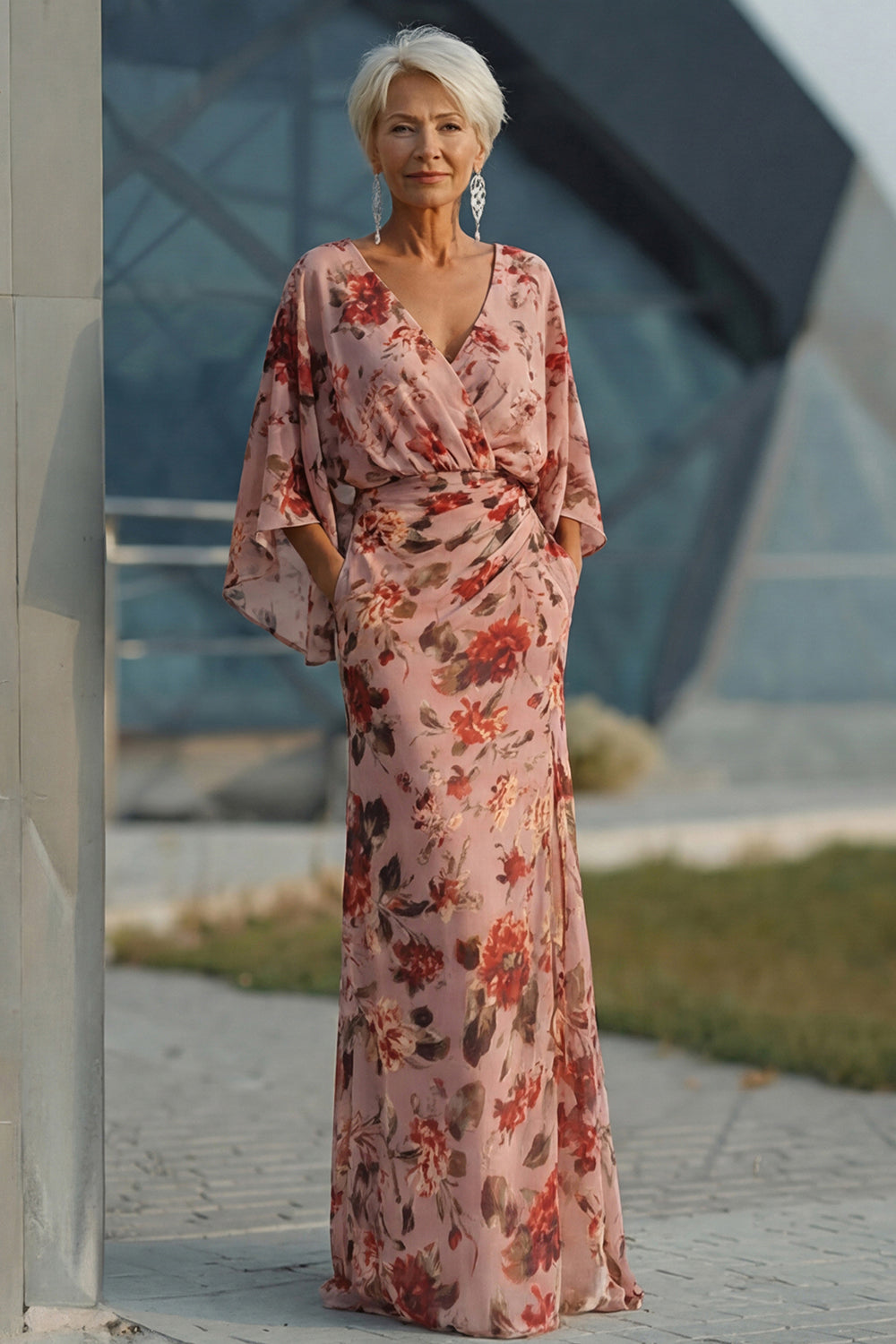 Zapakasa Women Floral Dusty Rose Chiffon Long Mother of the Bride Dress with Pockets Sheath Backless Ruched V-Neck Wedding Guest Dress with Sleeves