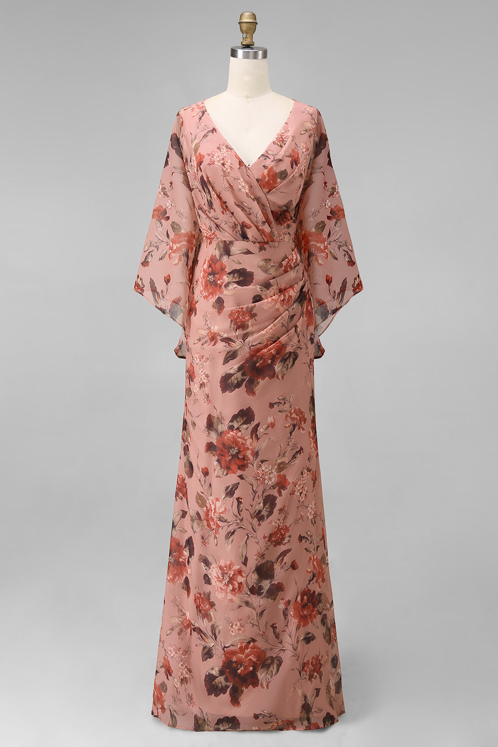 Floral Dusty Rose Chiffon V-Neck Sheath Long Mother of the Bride Dress with Pockets
