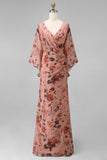 Floral Dusty Rose Chiffon V-Neck Sheath Long Mother of the Bride Dress with Pockets