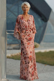 Floral Dusty Rose Chiffon Long Mother of the Bride Dress with Pockets Sheath Backless Ruched V-Neck Wedding Guest Dress with Sleeves