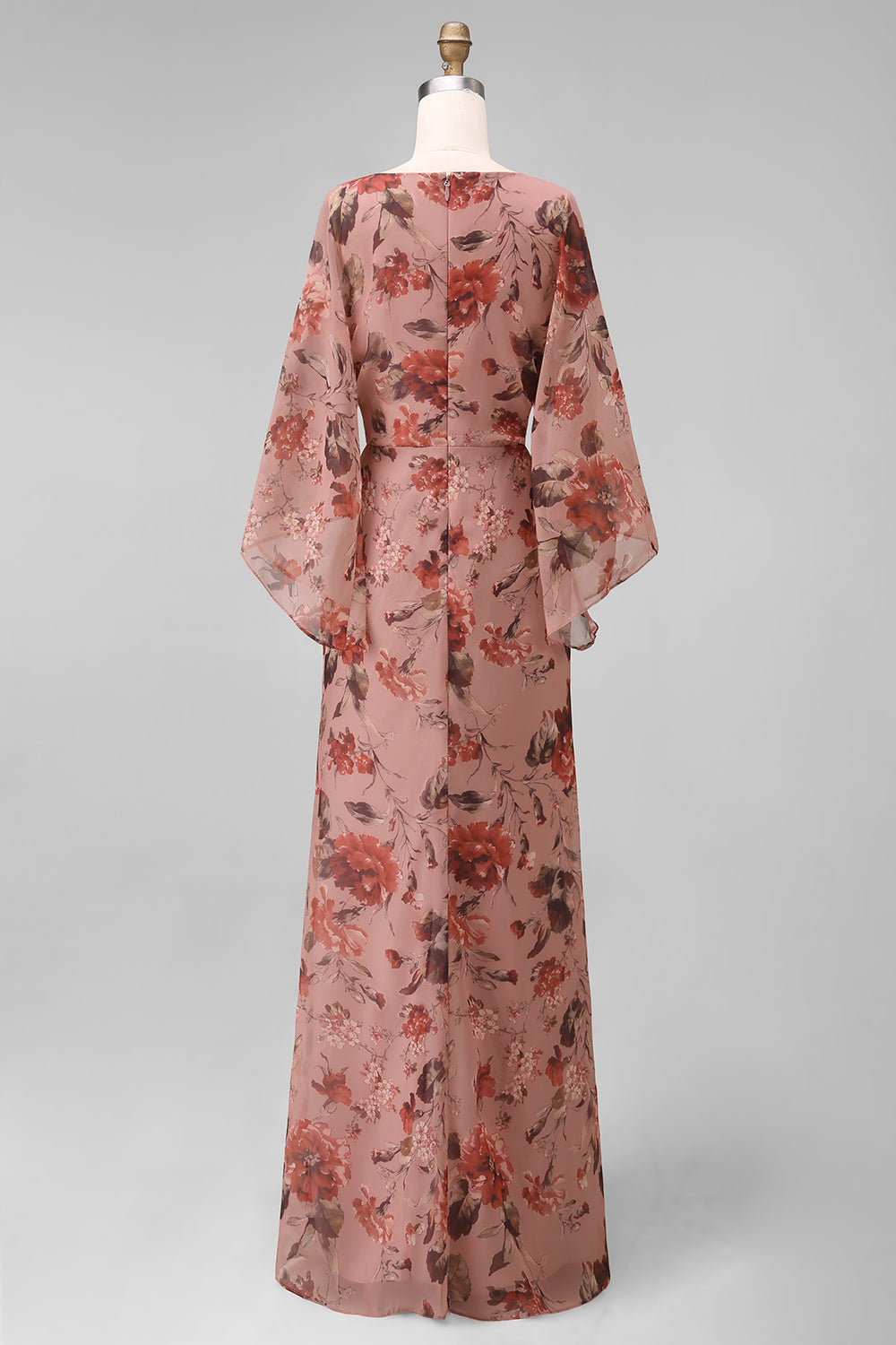 Floral Dusty Rose Chiffon V-Neck Sheath Long Mother of the Bride Dress with Pockets