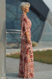 Floral Dusty Rose Chiffon V-Neck Sheath Long Mother of the Bride Dress with Pockets
