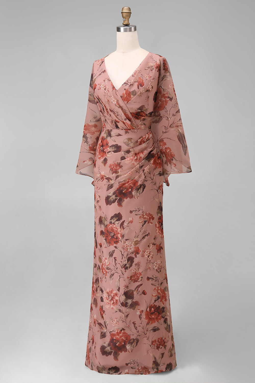 Floral Dusty Rose Chiffon V-Neck Sheath Long Mother of the Bride Dress with Pockets