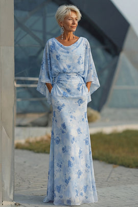 Floral Light Blue Chiffon Long Mother of the Bride Dress with Pockets Sheath Backless Ruched Cowl Neck Mother of the Groom Dress with Sleeves