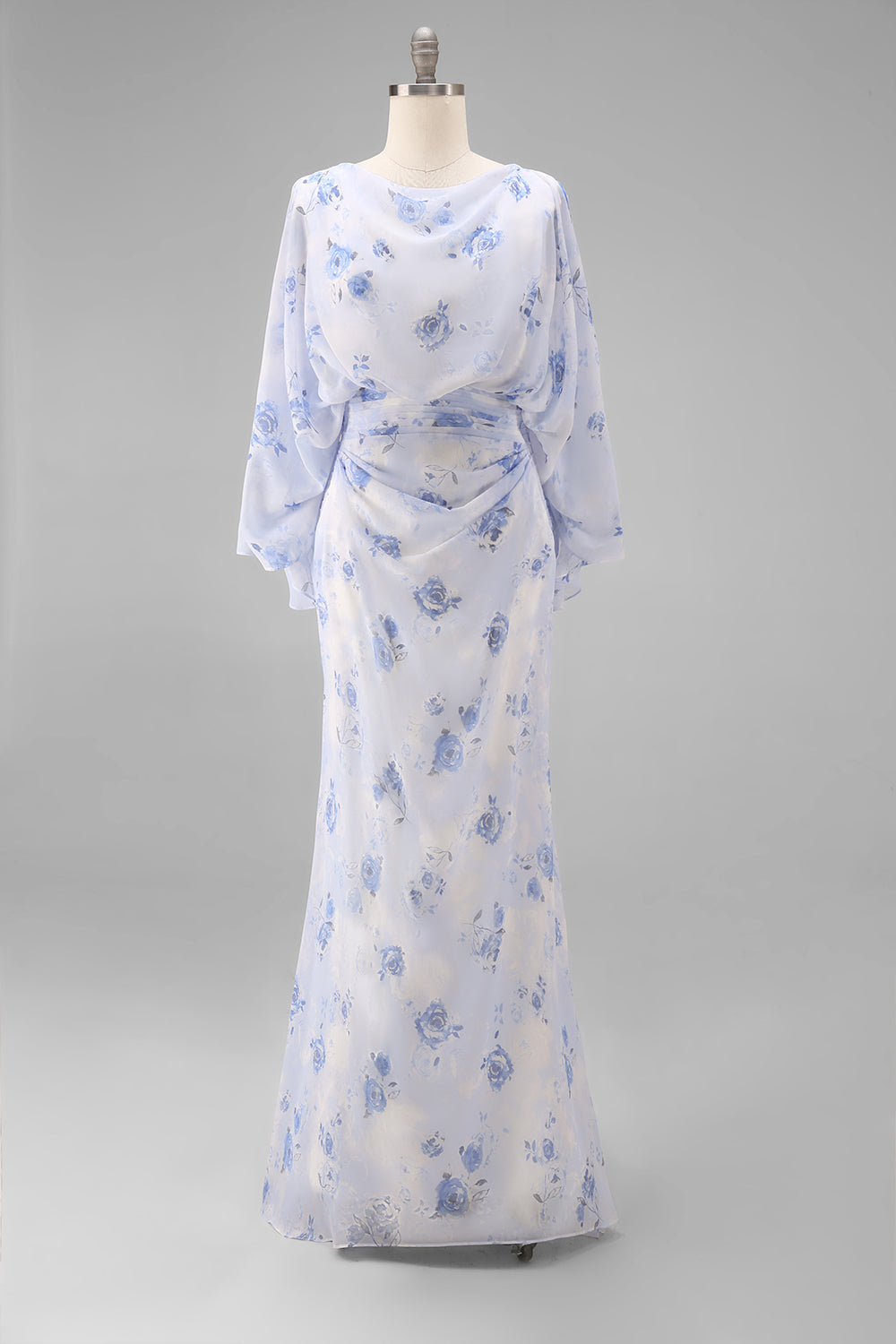 Floral Light Blue Chiffon Sheath Ruched Long Mother of the Bride Dress with Pockets