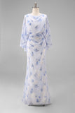 Floral Light Blue Chiffon Sheath Ruched Long Mother of the Bride Dress with Pockets