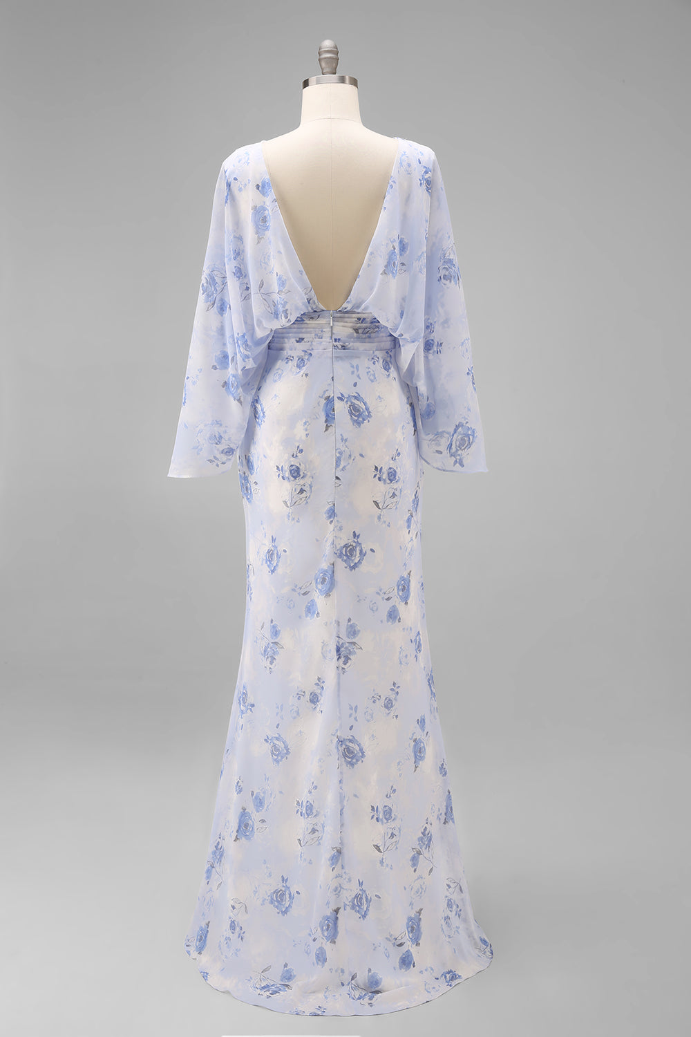 Zapakasa Women Floral Light Blue Chiffon Long Mother of the Bride Dress with Pockets Sheath Backless Ruched Cowl Neck Mother of the Groom Dress with Sleeves