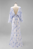 Floral Light Blue Chiffon Sheath Ruched Long Mother of the Bride Dress with Pockets