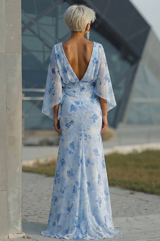Floral Light Blue Chiffon Sheath Ruched Long Mother of the Bride Dress with Pockets
