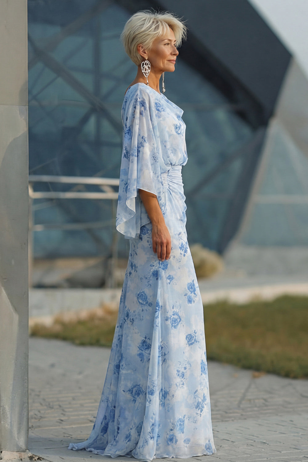 Floral Light Blue Chiffon Sheath Ruched Long Mother of the Bride Dress with Pockets