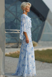 Floral Light Blue Chiffon Sheath Ruched Long Mother of the Bride Dress with Pockets
