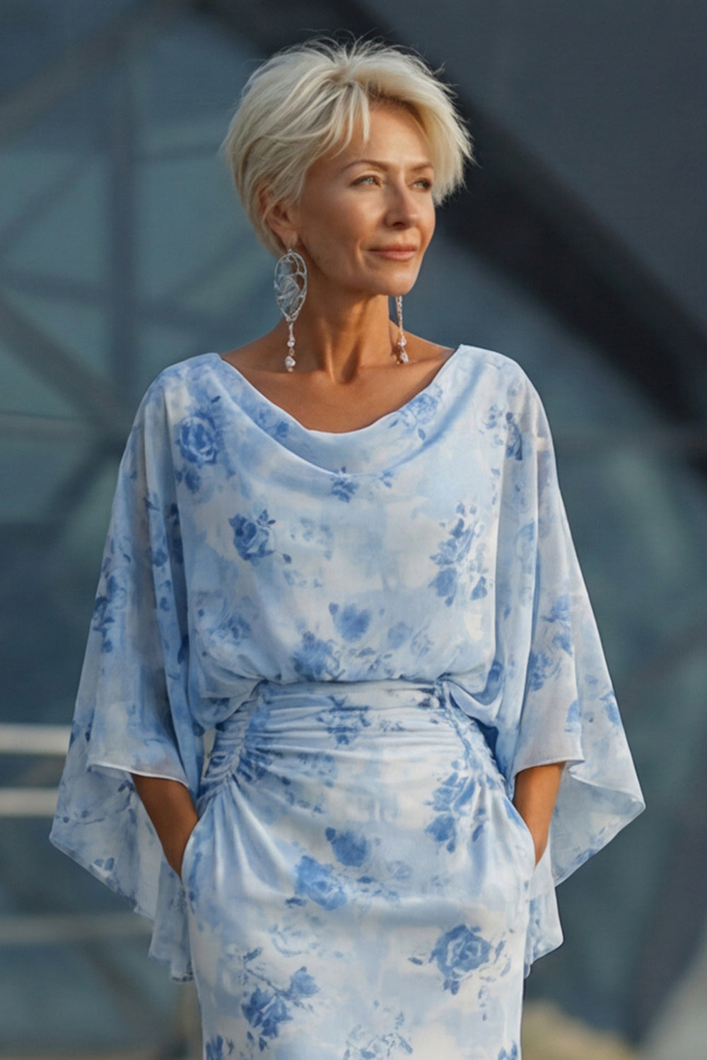 Floral Light Blue Chiffon Sheath Ruched Long Mother of the Bride Dress with Pockets