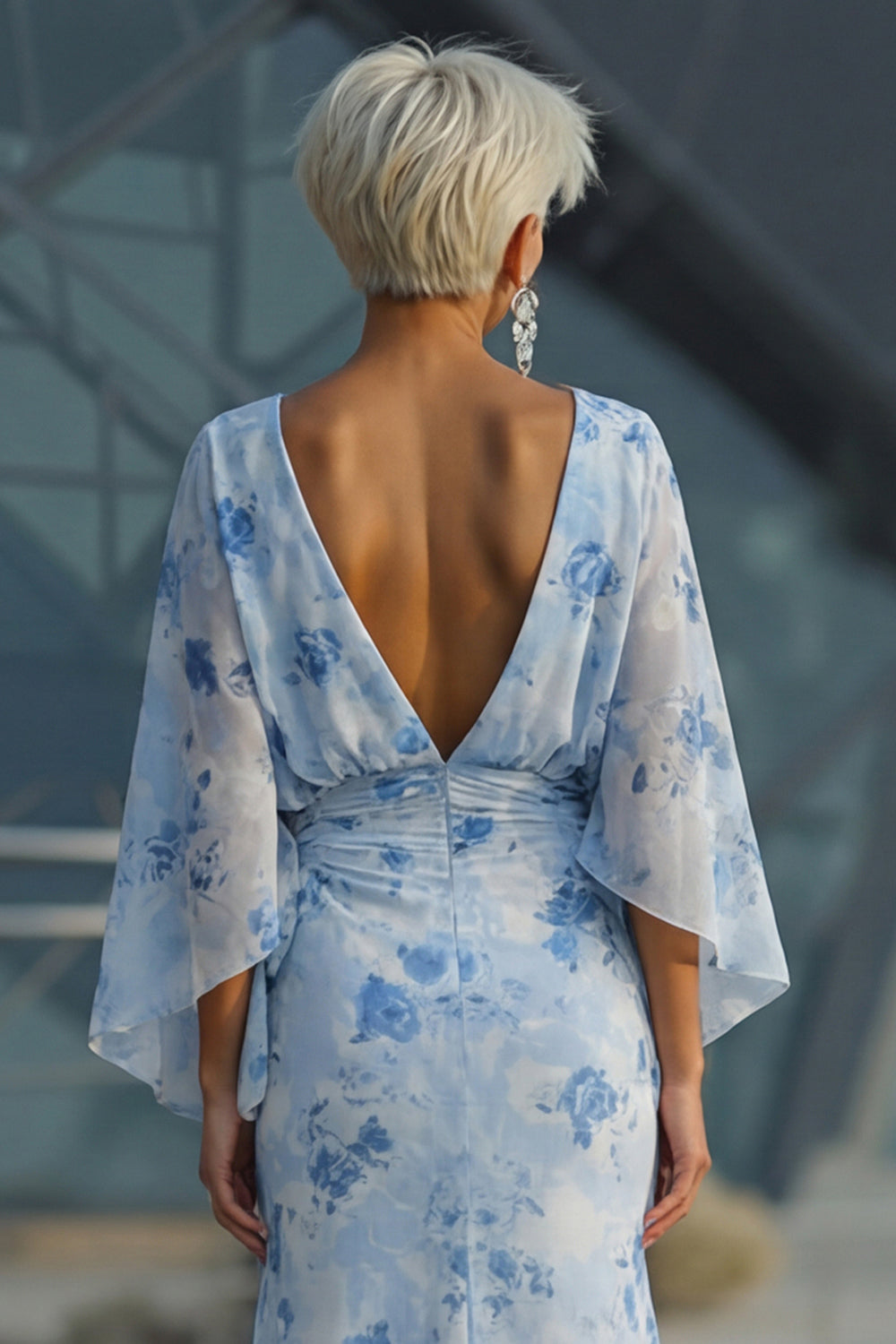 Floral Light Blue Chiffon Sheath Ruched Long Mother of the Bride Dress with Pockets