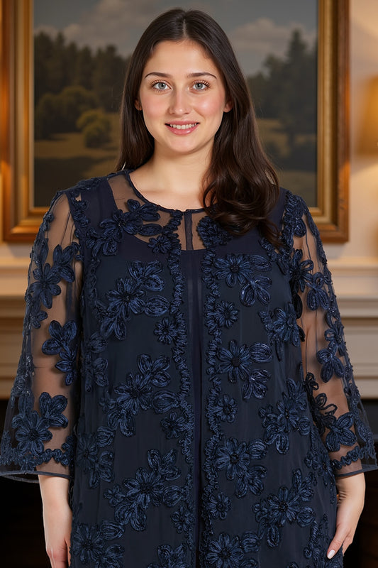 Navy 2 Piece 3/4 Sleeves Lace Mother of the Pant Suits