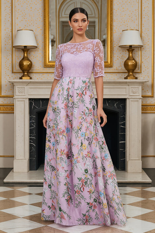 Dusty Rose Floral Lace A Line Long Mother of the Bride Dress with Sleeves