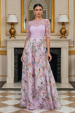 Dusty Rose Floral Lace A Line Long Mother of the Bride Dress with Sleeves
