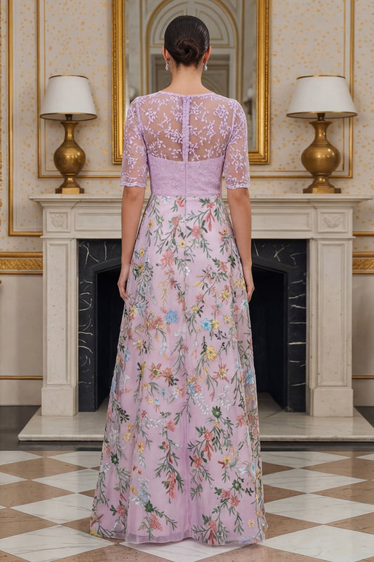 Dusty Rose Floral Lace A Line Long Mother of the Bride Dress with Sleeves