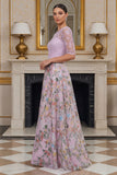 Dusty Rose Floral Lace A Line Long Mother of the Bride Dress with Sleeves