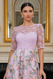 Dusty Rose Floral Lace A Line Long Mother of the Bride Dress with Sleeves