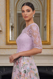 Dusty Rose Floral Lace A Line Long Mother of the Bride Dress with Sleeves