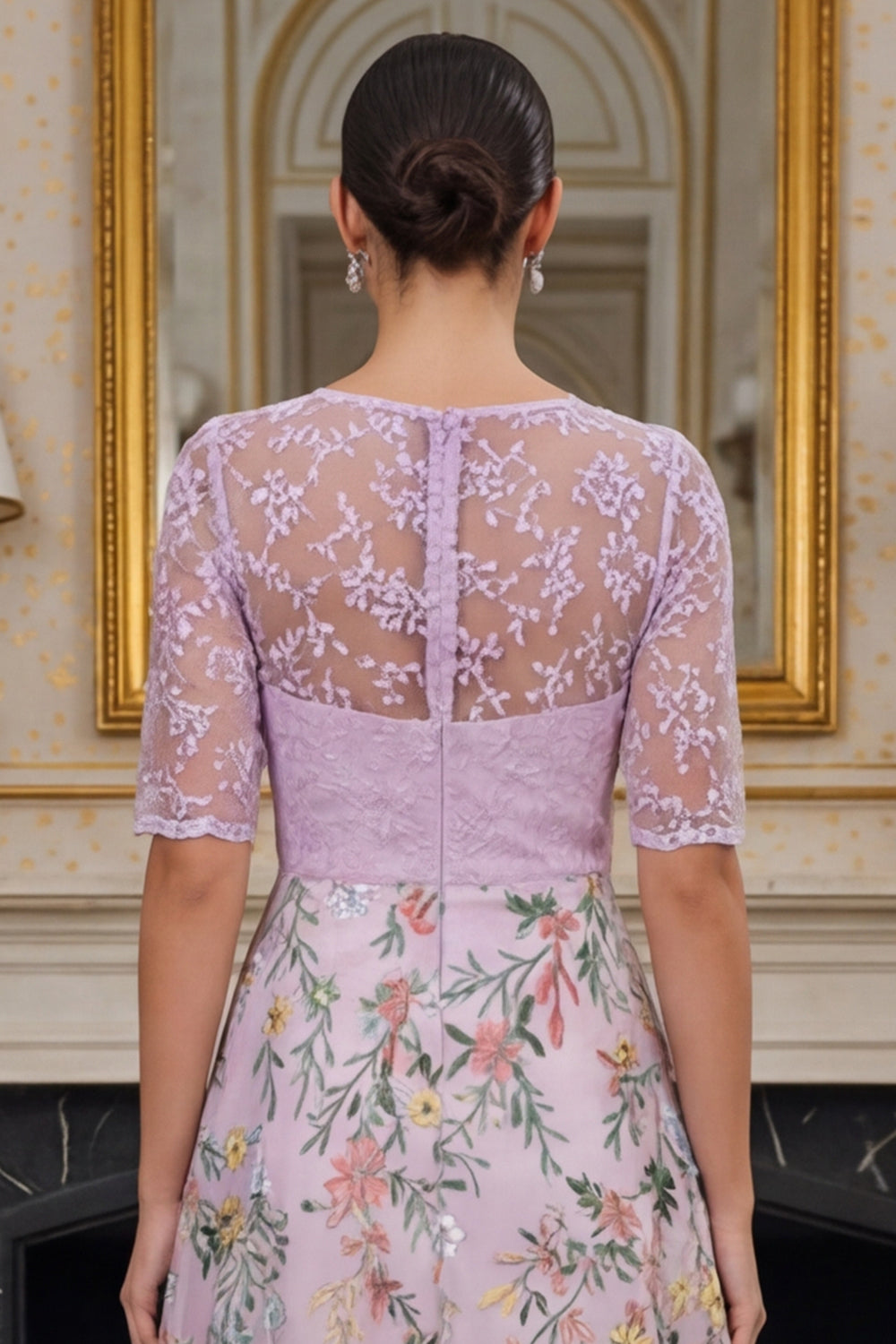 Dusty Rose Floral Lace A Line Long Mother of the Bride Dress with Sleeves