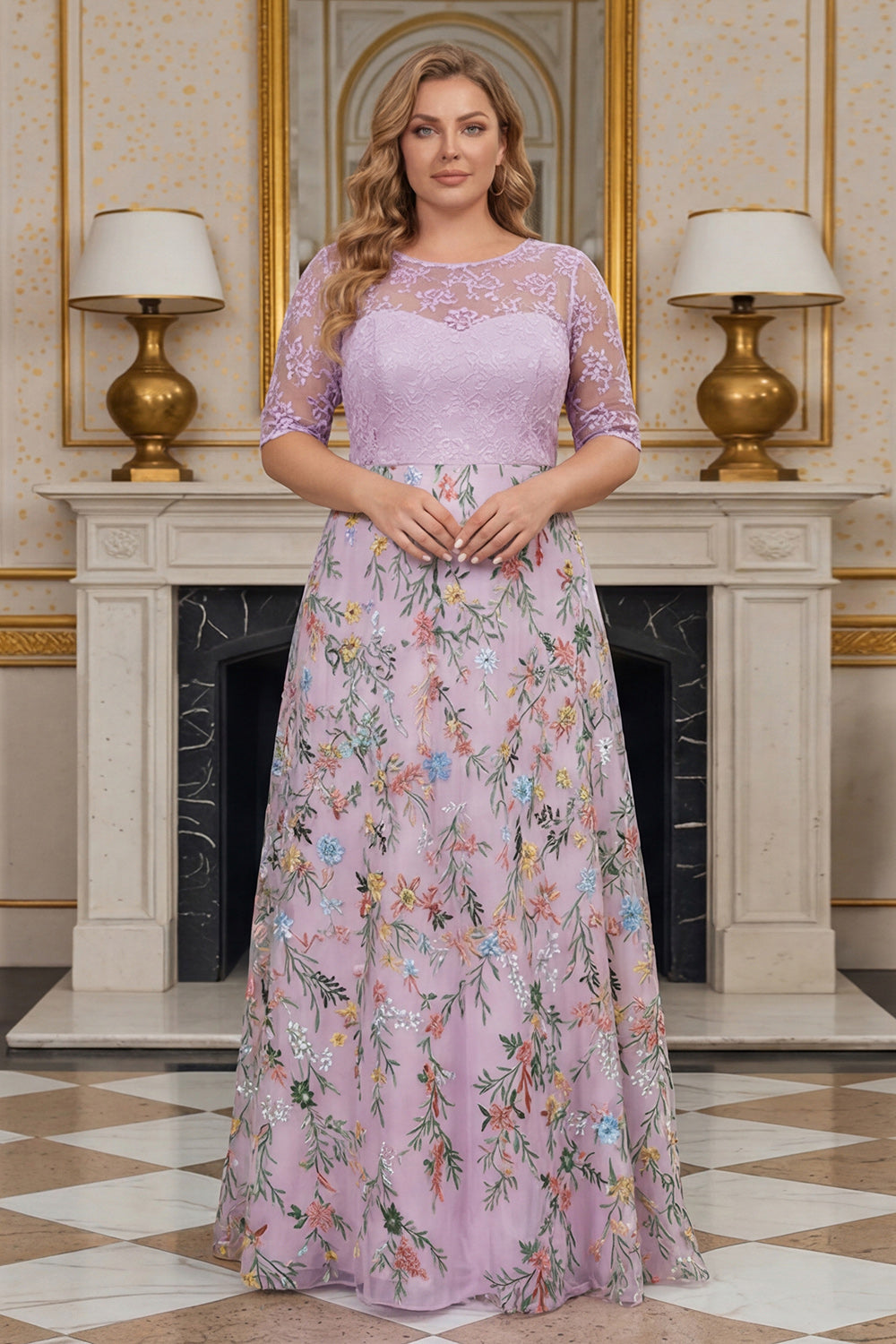 Dusty Rose Floral Lace A Line Long Mother of the Bride Dress with Sleeves