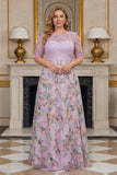 Dusty Rose Floral Lace A Line Long Mother of the Bride Dress with Sleeves