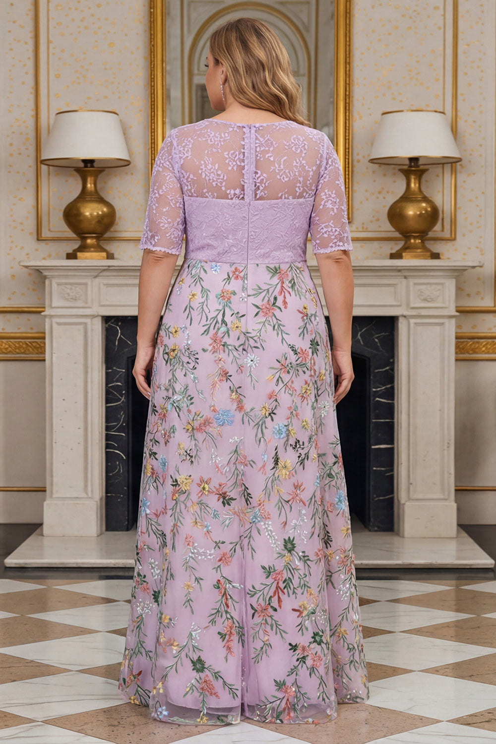 Dusty Rose Floral Lace A Line Long Mother of the Bride Dress with Sleeves