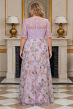 Dusty Rose Floral Lace A Line Long Mother of the Bride Dress with Sleeves