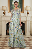 Green Floral Lace A Line Long Mother of the Bride Dress with Sleeves